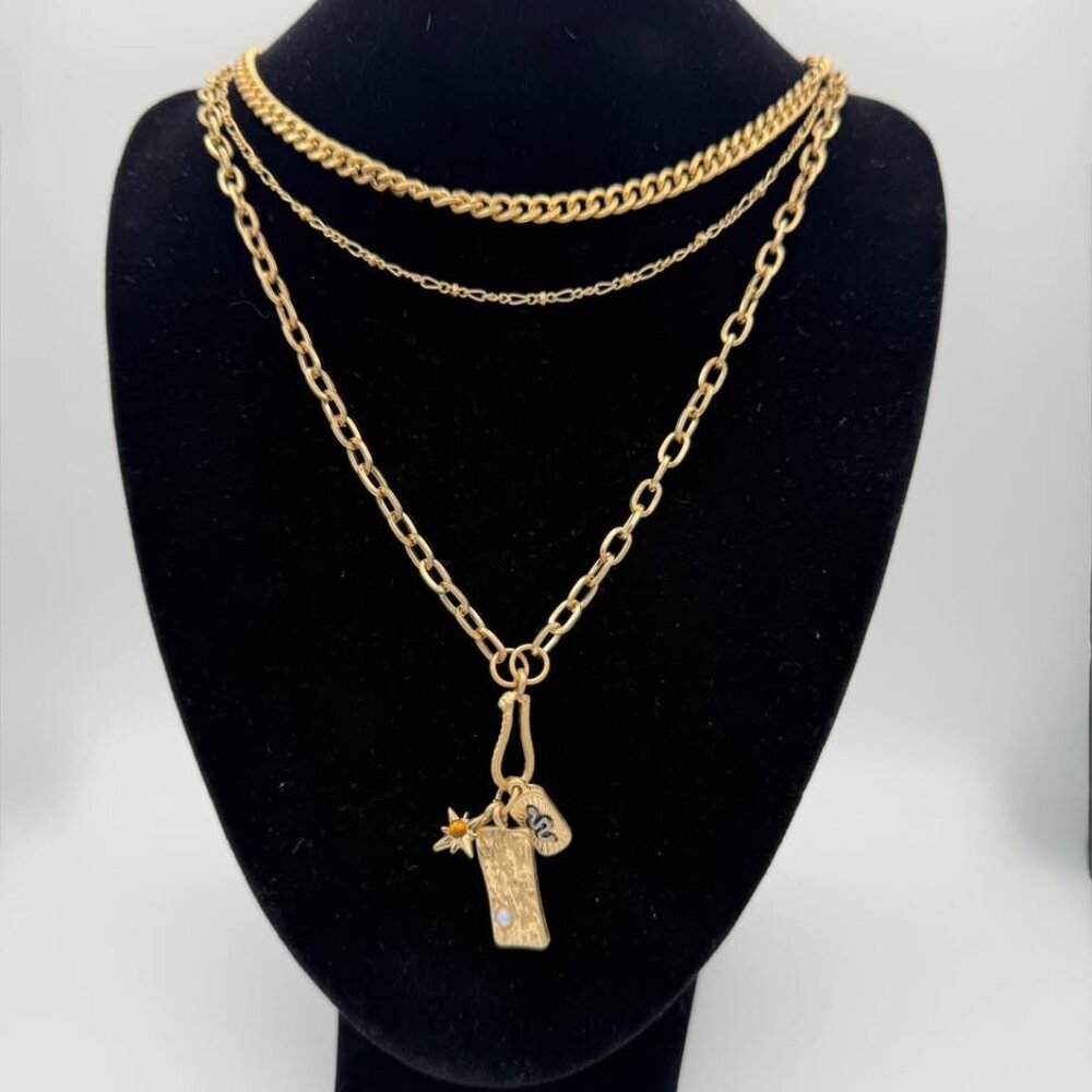 Semi-Precious Stone & Rectangular Charm Layered-Worn Gold-195994781971